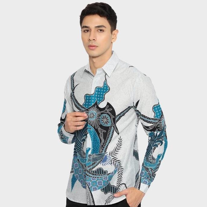 JAYASHREE - BATIK SLIMFIT TAMA BLUE KEMEJA BATIK PRIA LENGAN PANJANG - BAJU MOTIF BATIK WARNA PUTIH 