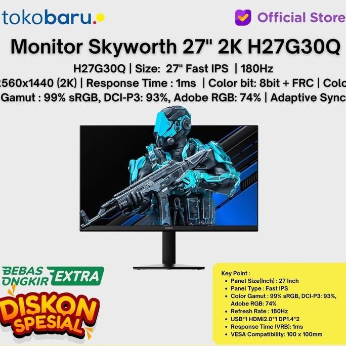 Skyworth Monitor Led H27G30Q 27" Ips 2K Qhd 180Hz 5Ms Hdmi 2.0 Dp 1.4 Adaptive Sync Hdr10 Resmi 3 Ta