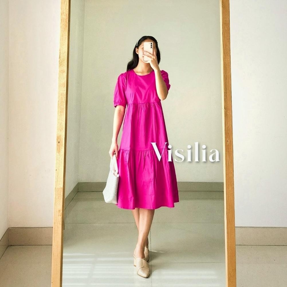 [VISILIA] Cinderella Dress | Korean Midi Babydoll Dres Warna Fuschia Pink Barbie Elegant Korea Style