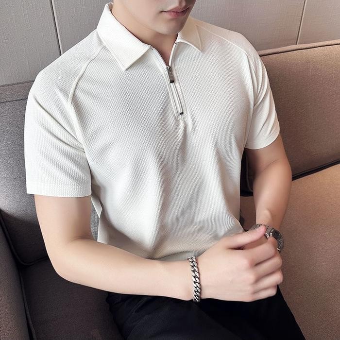 ST Zafos.id - baju polo shirt pria giordano kaos polo kerah pria knit zipper lengan pendek putih pol