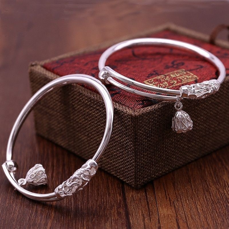 Gelang Biji Teratai untuk Wanita925Gelang Vintage Adjustable dengan Liontin Bunga Lotus Perak