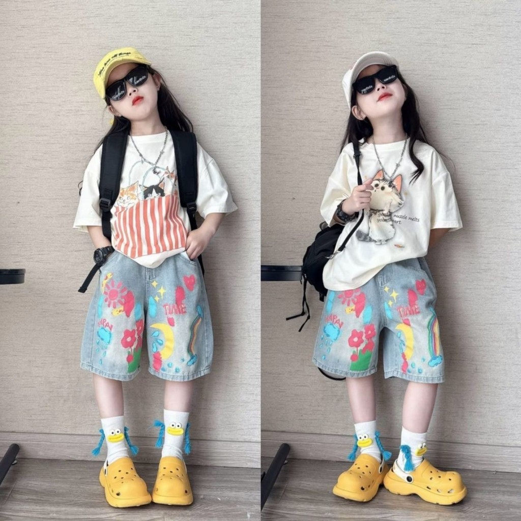 【Si Kecil Gemoy Shop】【COD】Setelan Musim Panas Anak Perempuan 2025 Gaya Korea Kartun Anak-Anak Fashio
