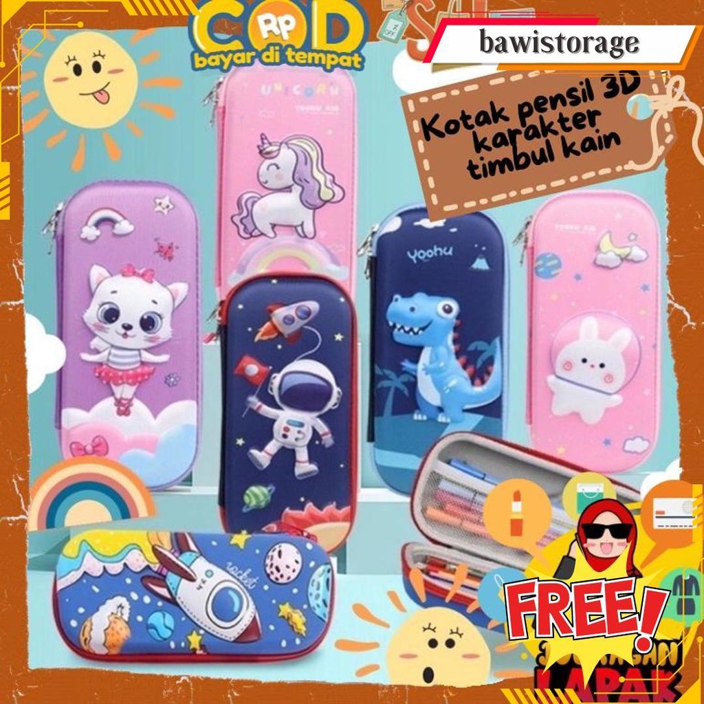 

Tempat Pensil 3D Karakter Timbul Kotak Pena Pen Anak Bulpoint Alat Sekolah Penghapus Double Realeting Sekat Jaring Cowok Cewek Unicorn Dinosaurus Astronot Space Roket Kelinci Bunny Mermaid Hero Princess Cat Girl Boy Gratis Ongkir