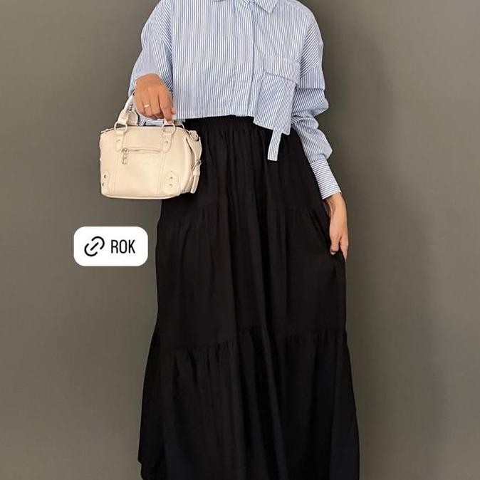 CLOTIVA Gina Skirt Rok Panjang Corquette Rok Maxi Polos Rok Kuliah Nyaman Santai Wanita Casual Hitam