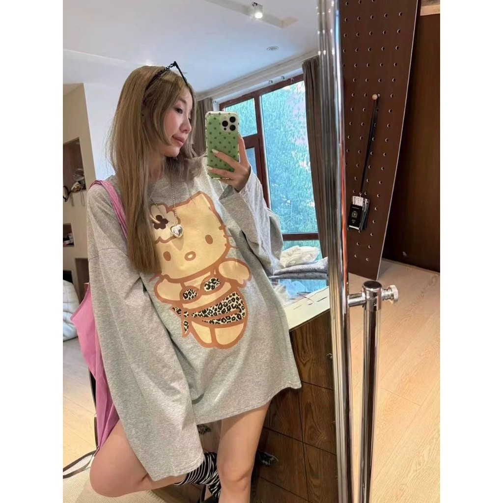 [COD]Kaos lengan panjang wanita longgar motif macan tutul kartun Dongdaemun Korea
