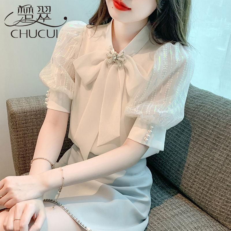 Blus Wanita Muda yang Stylish Kemeja Lengan Pendek Chiffon Blus Lengan Puff