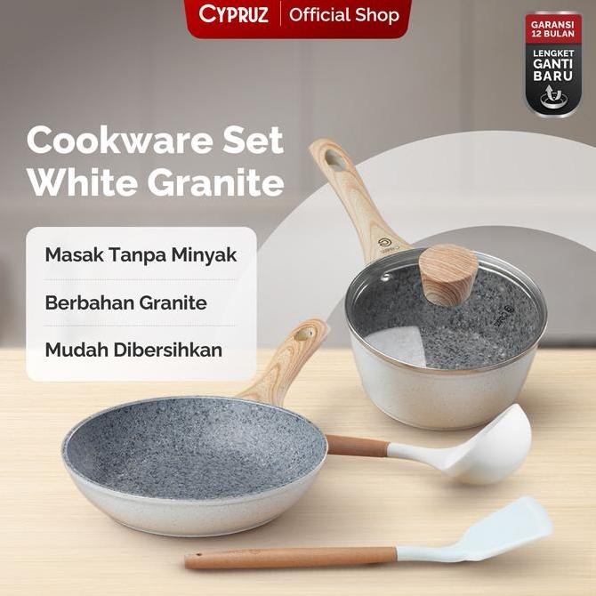 PROMO DISKON - Cypruz Cookware Set White Granite Basic Panci Set Anti Lengket Pcs