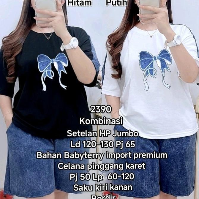 Setelan Pendek Size Jumbo Bordir Baju LD 120-135 cm Celana Pinggang Karet 60-120 cm Bahan Babyterry 