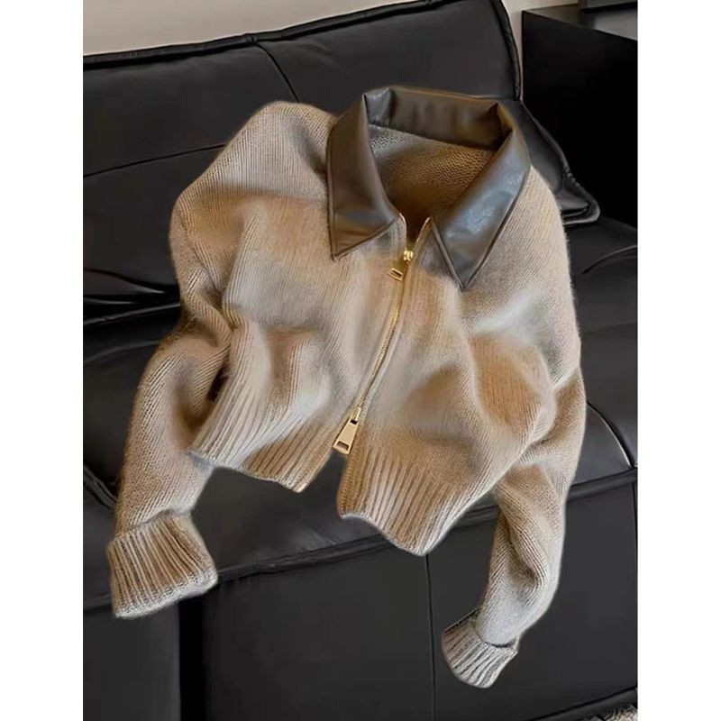 Kulit Mewah Gaya Eropa Polo Kardigan Rajut Berkerah Jaket Pendek Sweater Wanita