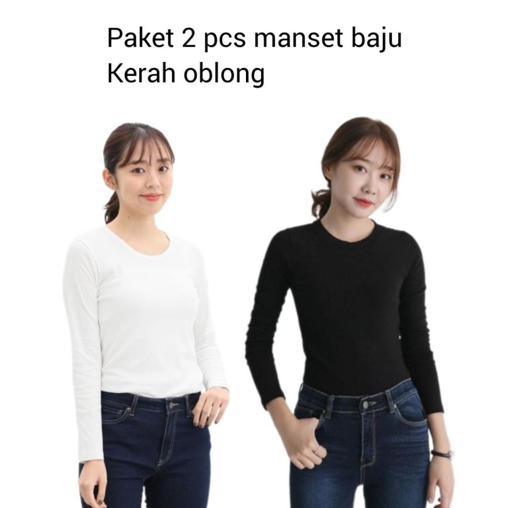 Topshop - Paket Isi 2pcs Manset Baju Wanita Lengan Panjang | Kaos Kerah Oblong Polos Dewasa