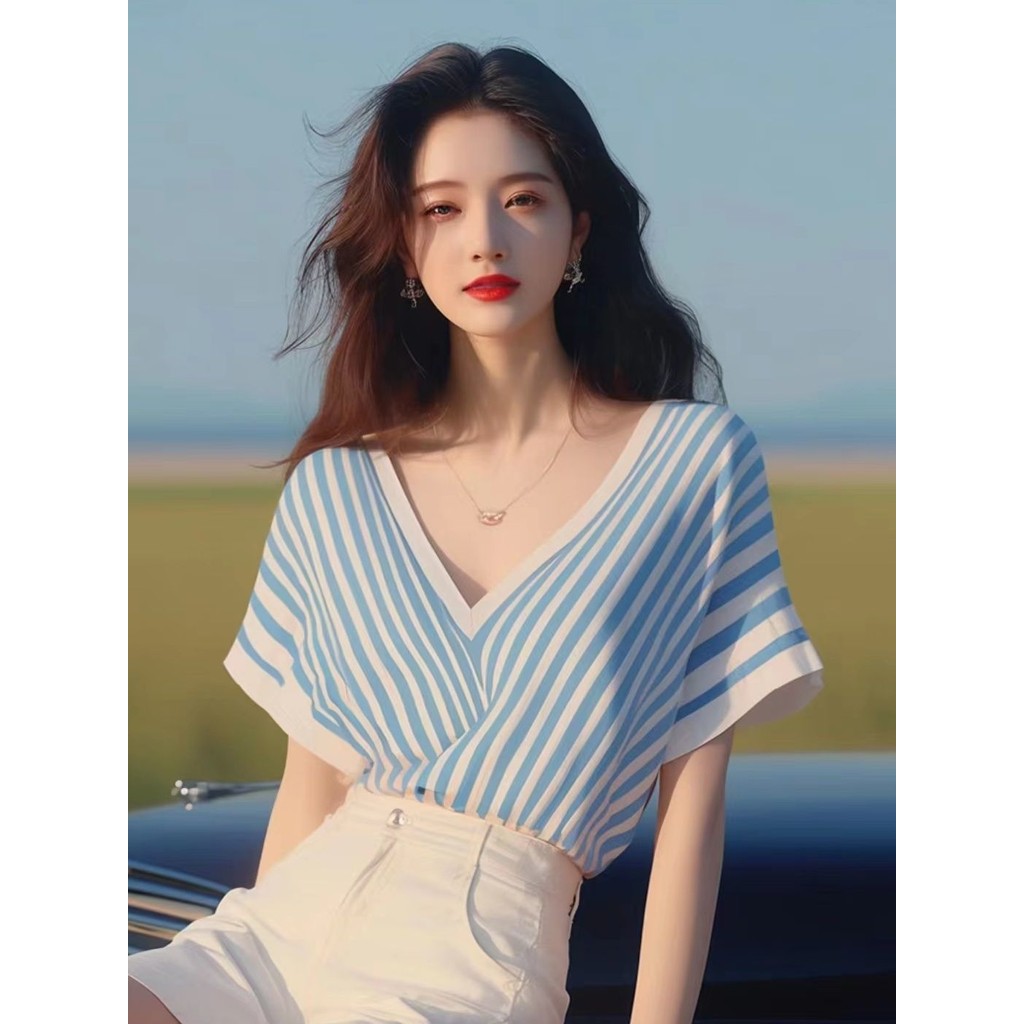 Baru Bergaris V Kerah Serbaguna Santai T Baju Wanita KAOS