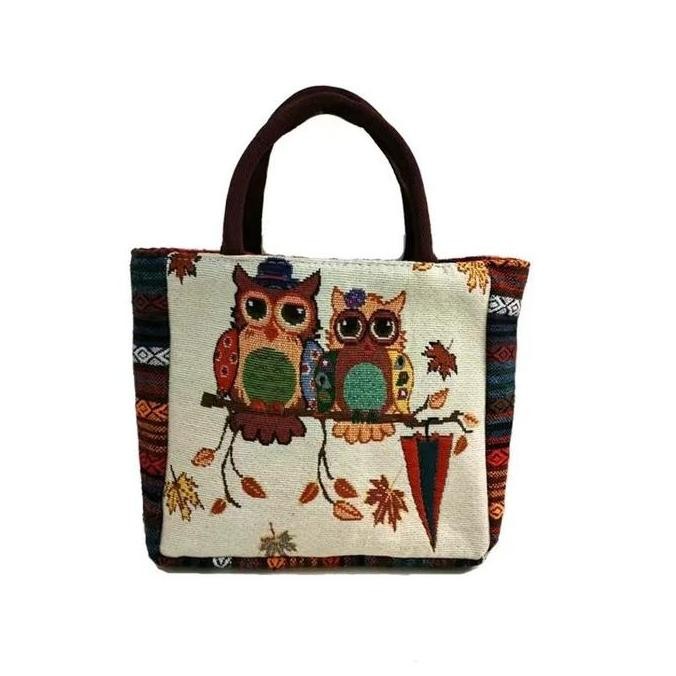 Sale Tas Tangan Wanita/Tas Etnik/Tas Bahan Kain Kanvas Motif Owl
