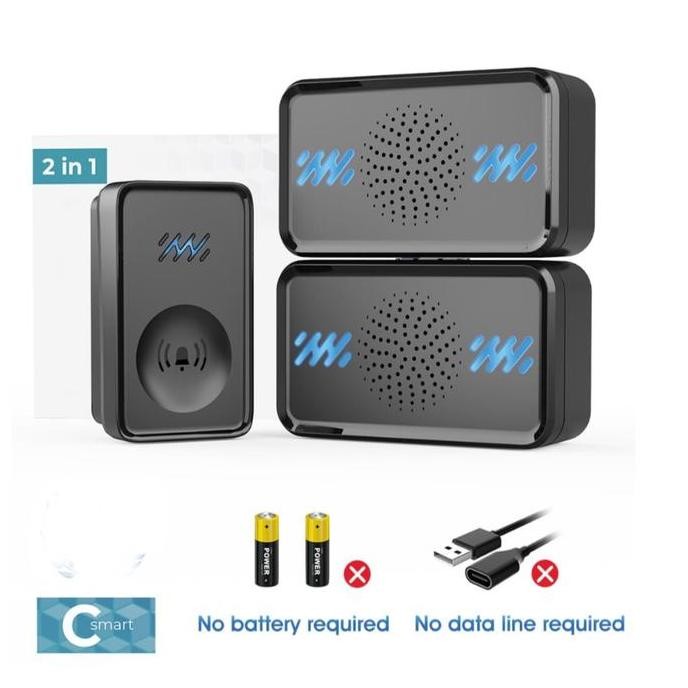 Bst Ready Bel Pintu Rumah Remote C Smart Black Wireless Waterproof Doorbell 1X Remote 2X Receiver Wi