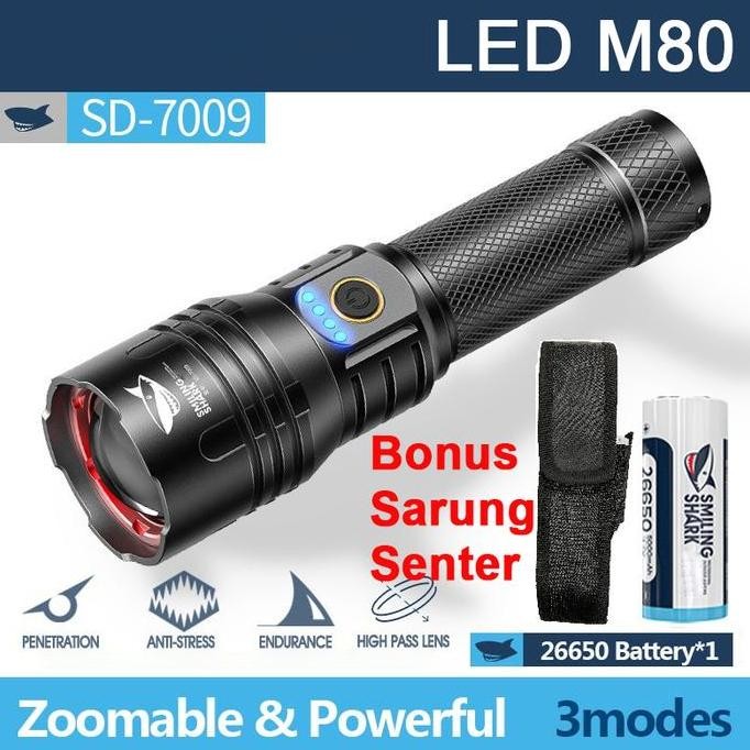 Bst Ready Senter Smiling Shark Sd7009 Smilingshark Sd 7009 M80 Super Terang Powerbank Type-C Recharg