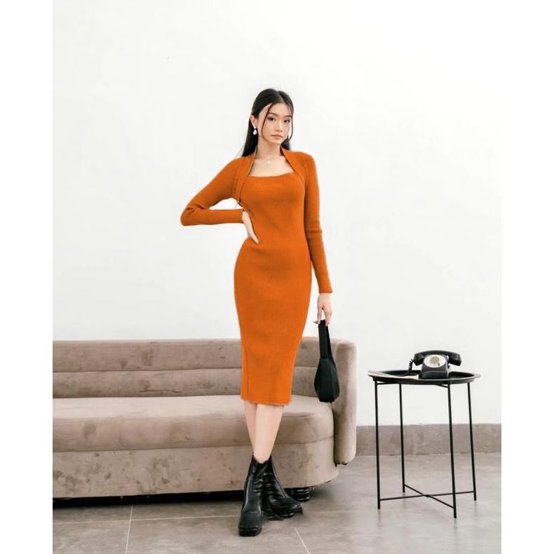 Promo Dress Korean Style Lengan Panjang Wanita - Dress Square Neck Bodycon - Korean Midi Dress Wanit