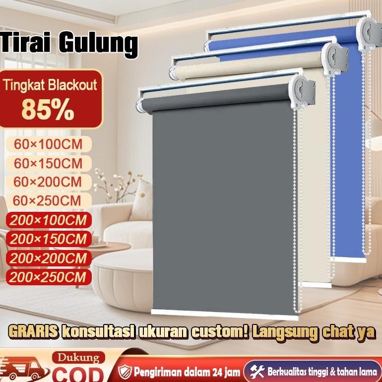 Roller Blind Premium Blackout 85%  Dengan Rel Kepala - Tirai Gulung Kedap Air & Anti UV Terbaik Untu