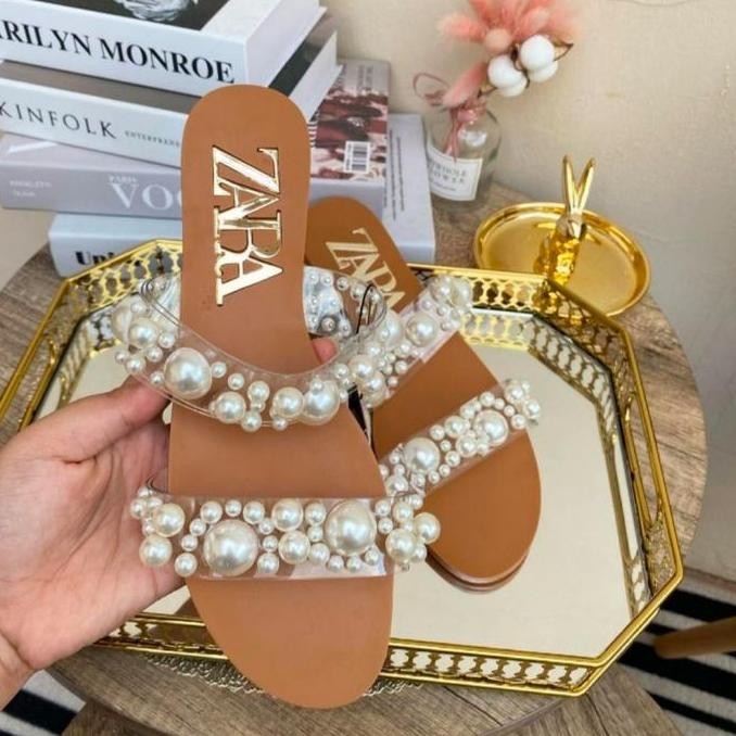 Sandal Teplek Flat Wanita Zara Pearl Mutiara Lucu Cute