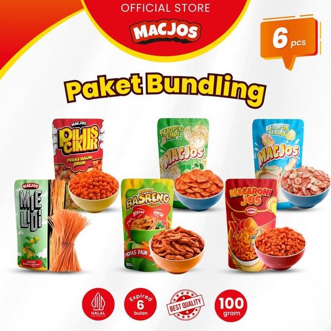 

MACARONI JOS Cemilan Paket Bundling 6pcs Makaroni Mie Lidi Pilus Cikur Snacks Kerupuk Seblak Basreng Keripik Tempe