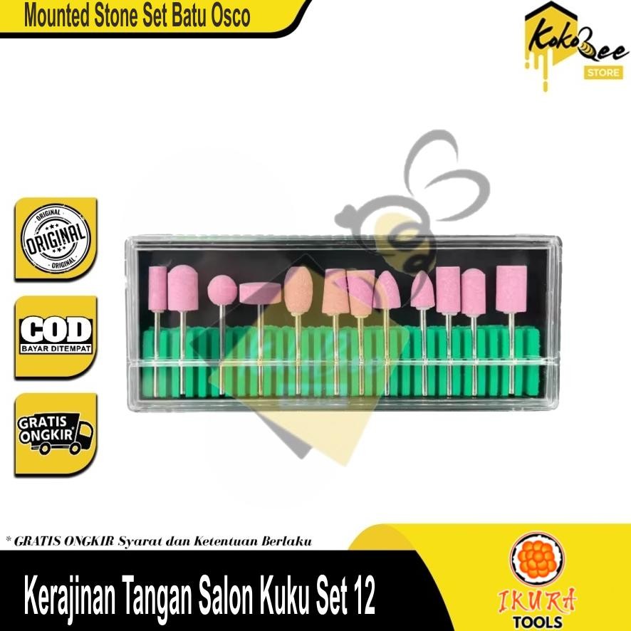 IKURA TOOLS Mounted Stone Set Batu Osco Pink Kerajinan Tangan Salon Kuku Set 12pcs Mata Bor Mini Kep