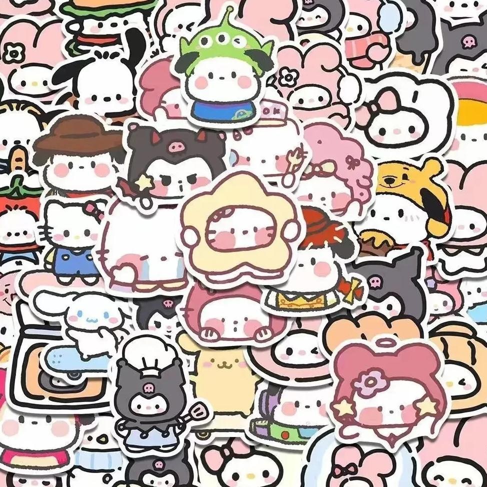 

Hand-Painted Sanrio Stickers 100Pcs Cartoon Cute Notebook Ledger Decoration Stickers Kuromi Cinnamoroll Cross Dressing Stickers