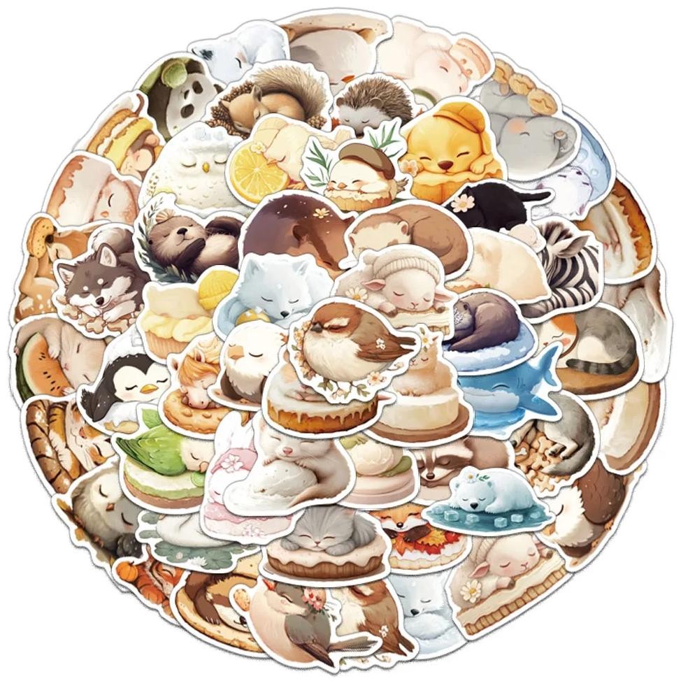 

50Pcs Creative Sleeping Animals Cute Ins Style Stickers Handbooks Decorative Stickers Diy Helmets Notebook Phone Cases Stickers
