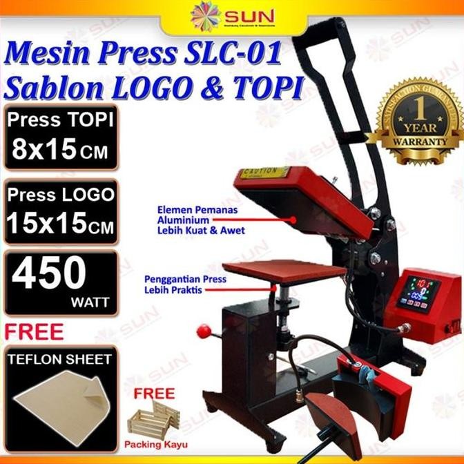 

MESIN PRESS SABLON MINI LOGO LABEL 15X15 CM & PRESS SABLON TOPI PREMIUM - SUN 2 IN 1 CAP & LOGO HEAT PRESS UNTUK PRESS KAOS, LOGO, LABEL, KERAH LEHER, INSIDE TAG, LENGAN, SAKU, TOPI ORIGINAL DAN TERPERCAYA