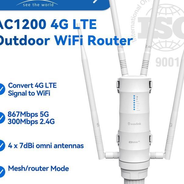 Wavlink Ac1200 4G Lte Outdoor Wifi Router Dengan Slot Kartu Sim 867Mbps 5G 300Mbps 2.4G 4X 7Dbi Ante