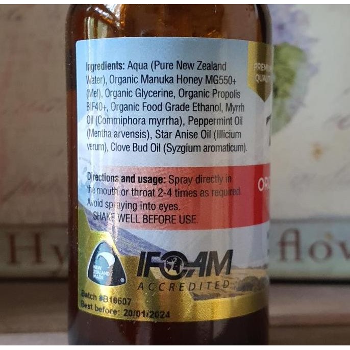 

NEW TRANZALPINE ORGANIC PROPOLIS MANUKA HONEY MGO 550 THROAT SPRAY - NZ READY
