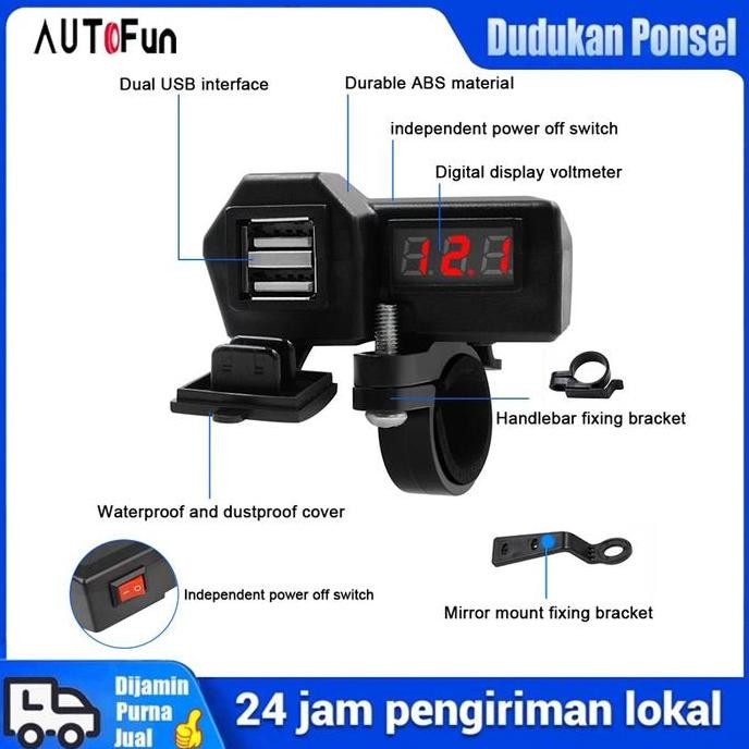 AUTOFun  Pengisi Daya USB Ganda Universal + Voltmeter Motor Pengisi Daya Voltmeter Digital Motor Cas