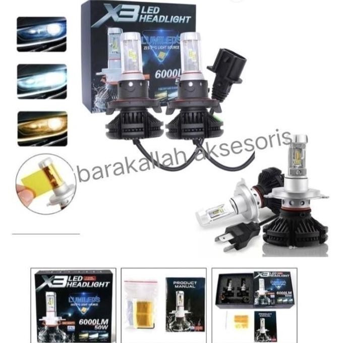 ''Terlaris" Lampu X3 Headlamp Led Mobil Pajero Sport H11 H4 H7 Hb3 3 Warna Murah