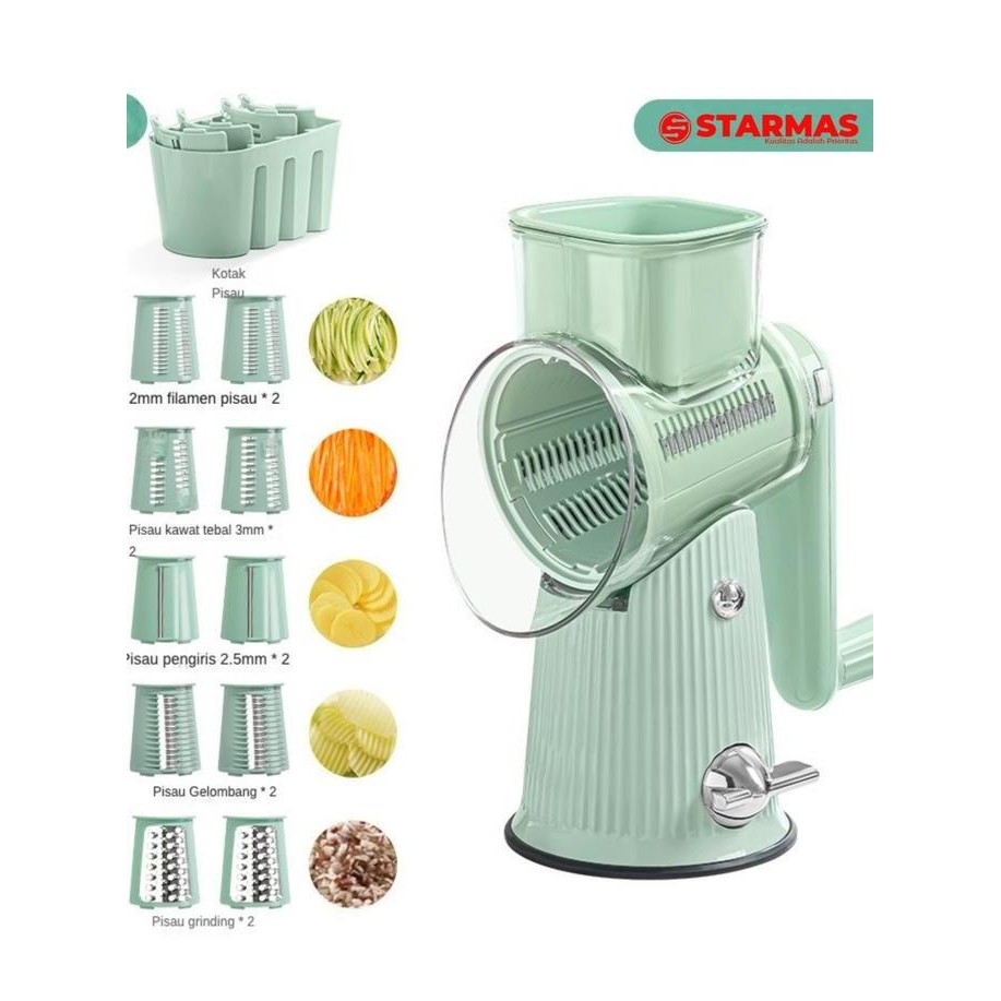 

Terlaris Starmas Parutan Pengiris Pemotong Putar Buah Sayur Dan Bawang Manual 5 Pisau 1 Handel Anti Slip Kualitas Premium Serbaguna Alat Dapur Multifungsi Kitchenware Sayuran Peralatan Plastik