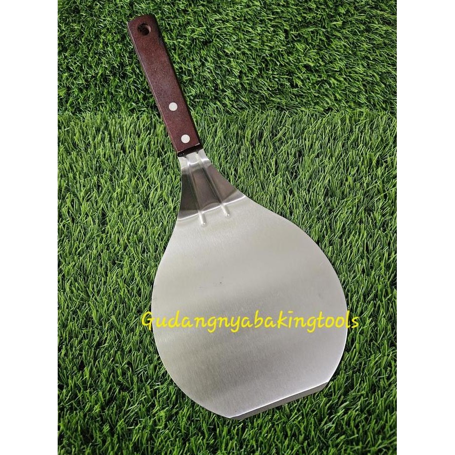 

Terlaris Spatula Pizza Kape Serving Stailess Pizza Messer Bulat 16,5 Cm Gagang Kayu Pizza Peel Scop Sekop Pizza Bulat