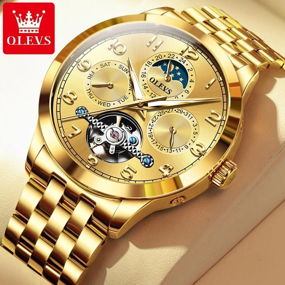 OLEVS 7018 Full Gold Watch for Men Multi-function Automatic Mechanical Watch for Man Original Brand
