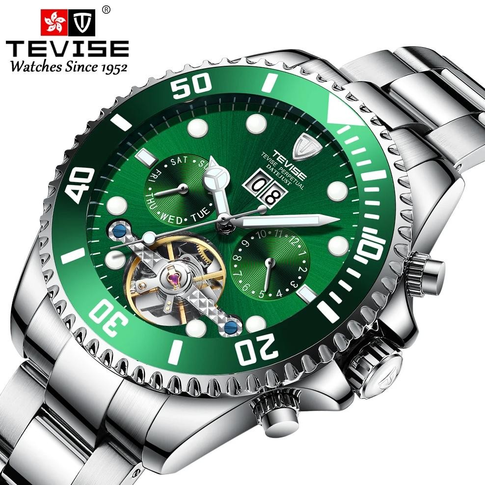 TEVISE Men's Watch Green Water Ghost Calendar Mechanical Watch High end Simple Cross border Waterpro