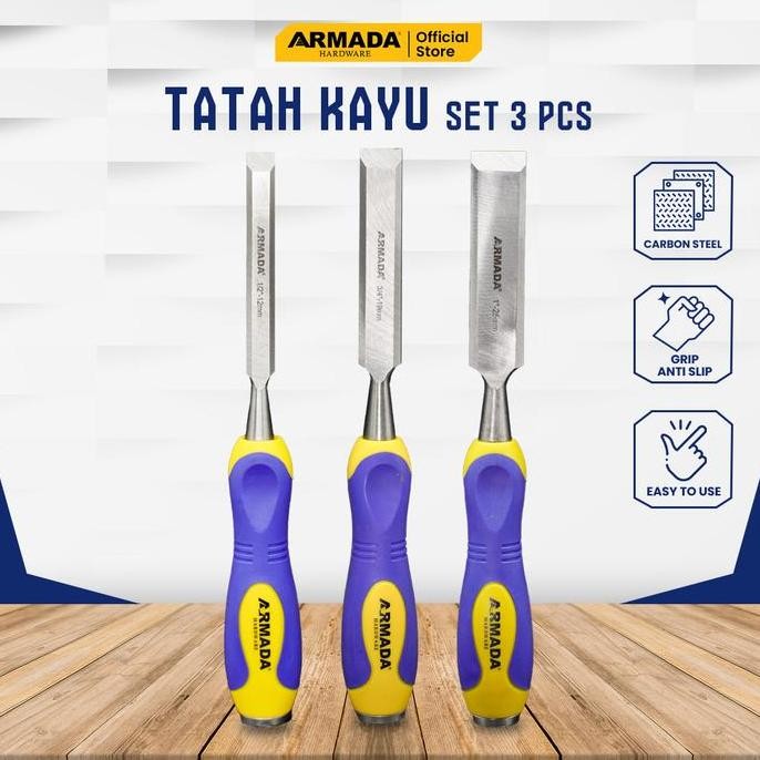 Tatah Kayu Set 3 Pcs Armada Gagang Karet Tatah Kayu Hi-Carbon Ukir Pahat Kayu Tukang Carpentry Wood 