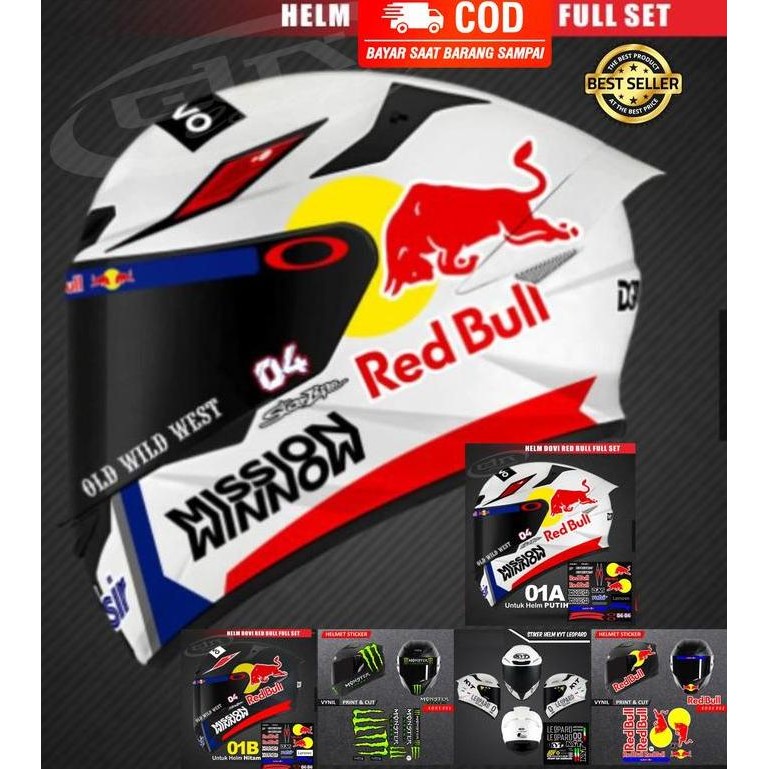 Stiker Sticker Helm Dovi Red Bull 2 Monster Full Set Suomy KYT fullface Hitam Putih motorcycle