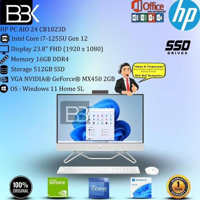 Hp Pc Aio 24 Cb1023D I7-1255U 16Gb 512Gb Ssd Mx450 Win11Hsl Ohs 1Yr New Stok