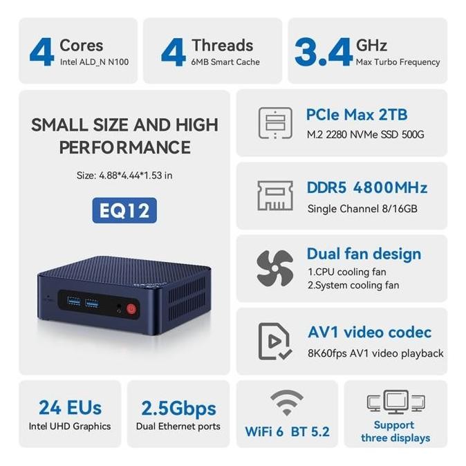 Beelink Eq12 N100 16Gb Ddr5 500Gb Ssd Nvme Wifi6 Hdmi Windows 11 Pro New Stok