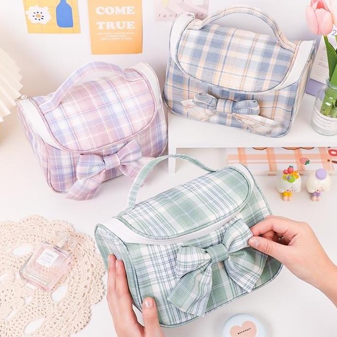 Pouch Alat Tulis Sleting/ Tas Makeup Pita Plaid Korea Aesthetic