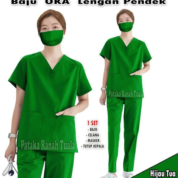 Baju Ok Lengan Pendek - Baju Scrub Oka - Baju jaga Perawat - Bahan American Drill - Model Terbaru Ce