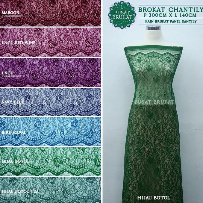 KAIN BROKAT SEMI PRANCIS PANEL SANTILY / BRUKAT CHANTILY, P 300CM X L 140CM harga per potong Biru Bl