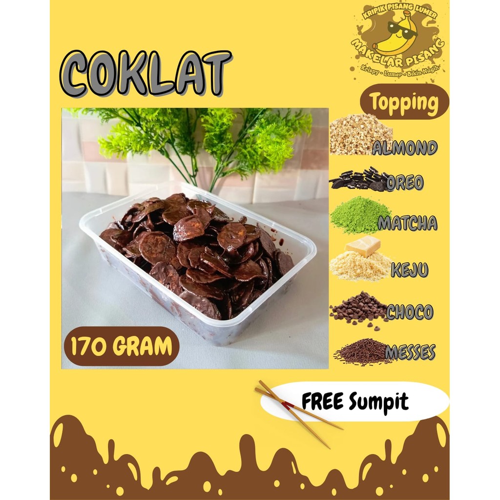 

MAKELAR PISANG - 170 gr Keripik Pisang Coklat Lumer Topping Almond Oreo Choco Keju Meses Matcha