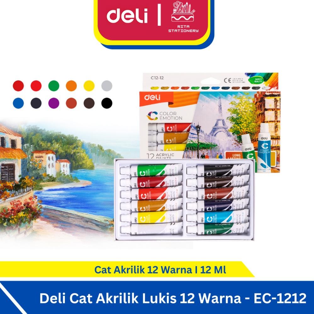 

Deli Cat Akrilik / Acrylic Paint 12 Warna 12ml Dapat Anak tulis di kanvas Kain Tanah Liat - EC-12-12
