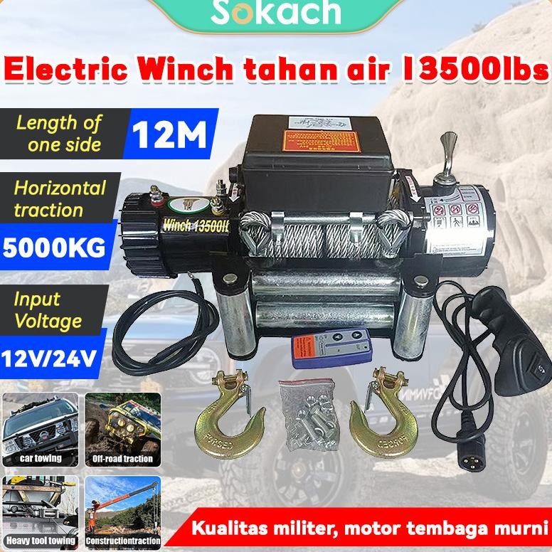 [Garansi 3 Tahun]Electric Winch 6.5Ton 13500Lbs Top Speed Ip70 12V Tali Sling Baja 27M 10Mm Tali Der