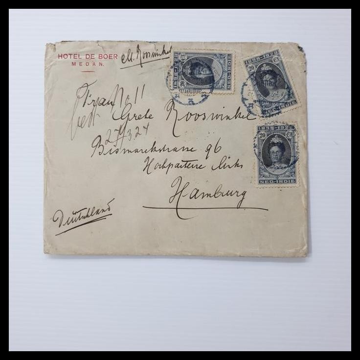 

DISKON PRANGKO NED INDIE. SAMPUL PRANGKO WILHELMINA, JUBILIUM 20C (3) MEDAN KE HAMBURG, JERMAN 1924 !