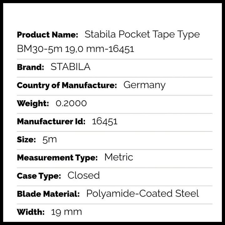 

TERMURAH STABILA POCKET TAPE TYPE BM30-5M 19,0 MM-16451 !!!!!