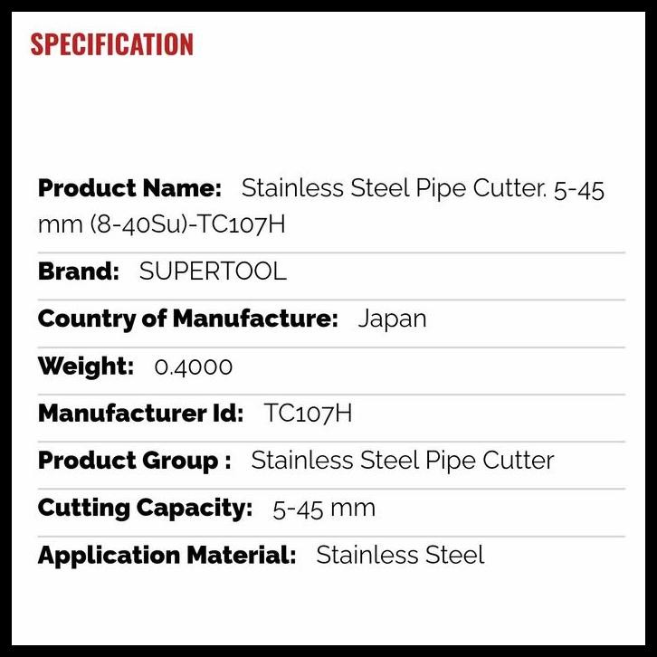 

GRATIS ONGKIR STAINLESS STEEL PIPE CUTTER. 5-45 MM (8-40SU)-TC107H SUPERTOOL !!!!!!