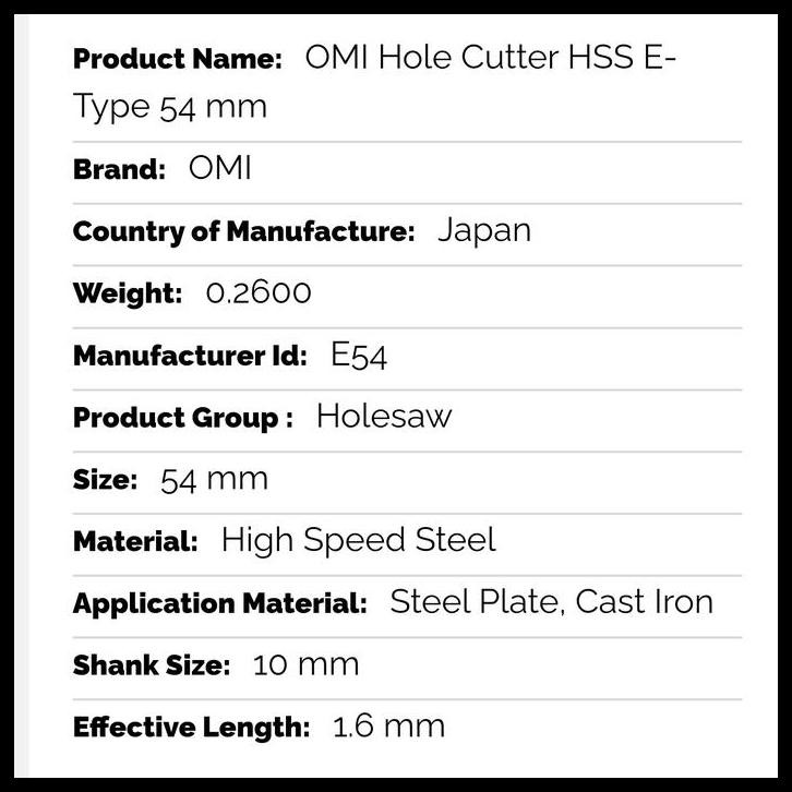 

HOT DEAL OMI HOLE CUTTER HSS E-TYPE 54 MM !!