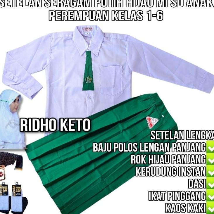 Setelan Seragam Sekolah Putih Hijau Mi Sd Anak Perempuan Baju Lengan Panjang Rok Hijau Panjang Kelas