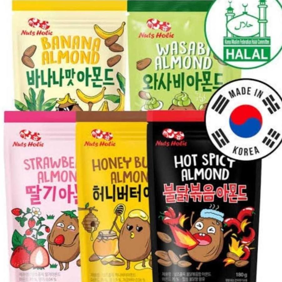 

Nuts Holic Korean Almond Halal 180G Honey Butter Strawberry Banana Wasabi Kimchi Hot Spicy Chien